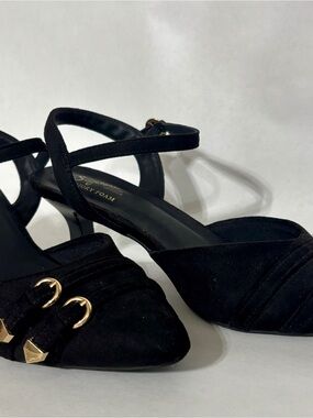 Seychelles Black Suede Ankle-Strap Kitten Heels with Gold Accents